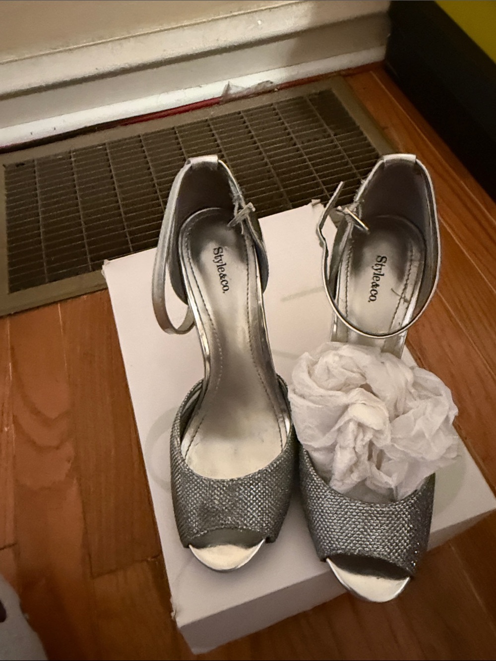 Style & Co. Metallic Silver Open-Toe Ankle Strap Heels